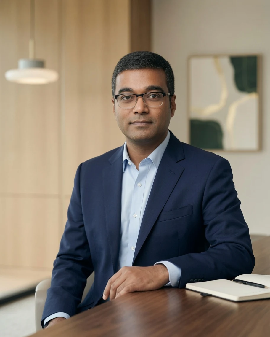 Chandra Kanojia seated in a professional office setting